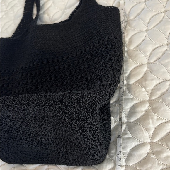 Black Slouch Crochet Knit Shoulder Bag with Snap Closure and inside Open Pocket - Picture 8 of 12